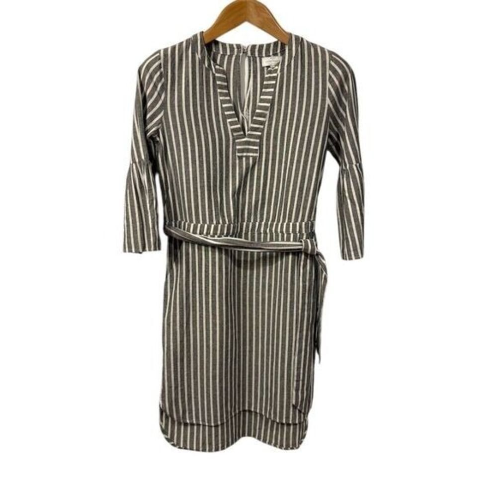 Lucky Brand Womens Gray Striped Shirt Dress XS Knee Length Belted Flared Sleeves